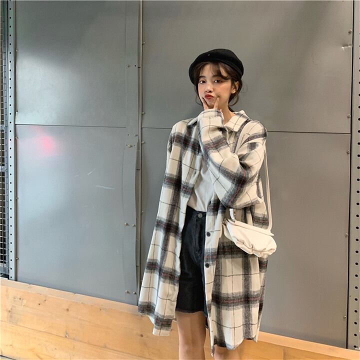 秋 韓国 新作 原宿BF風 中・長セクション シャツ チェック柄 コート小さい新鮮な 単体ボタン シャツ