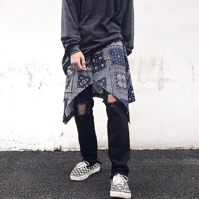 【予約販売】 付け裾 レイヤード風 着け裾 重ね着風 メンズ ペイズリー柄 体型カバー インナー フェイクレイヤード Tシャツ トップス カジュアル ブラック ネイビー ブルー レッド お洒落 こなれ感 韓国