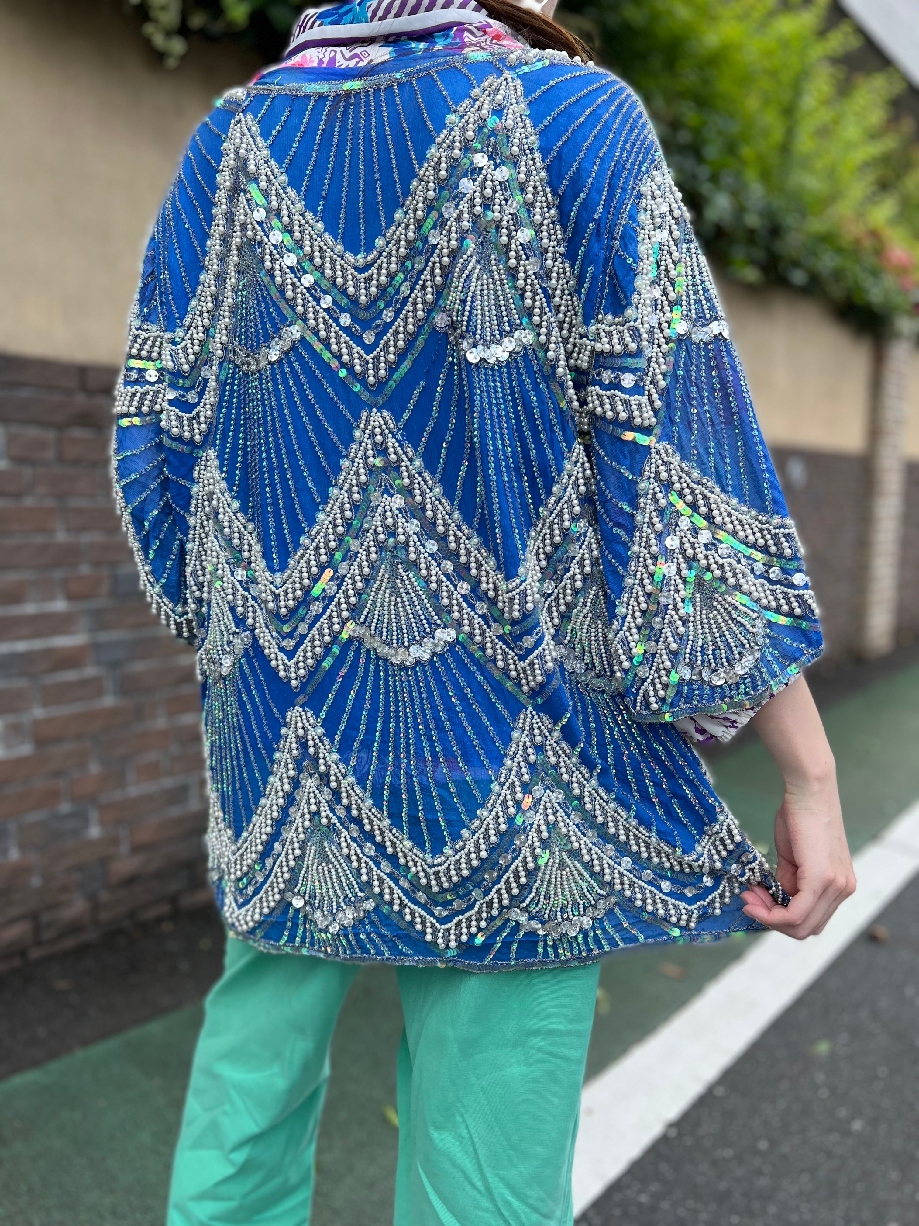 80s blue × spangle × beads silk tops ( ヴィンテージ ブルー 80s blue × spangle × beads silk tops ( ヴィンテージ ブルー