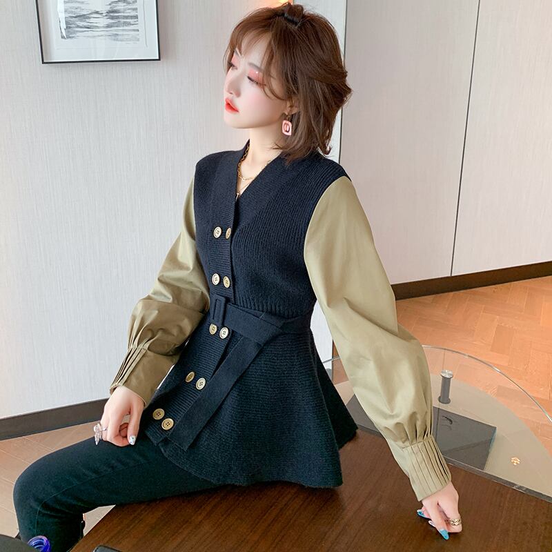 Vネックダブルブレストウェストニットシャツ スリーブトップス オータムウィンター 秋物 冬物 ステッチ MIUCO51782755040