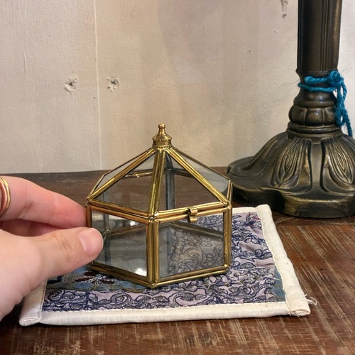 India Brass & Glass Dimensional Hexagonal Box S　インド　真鍮＆ガラス立体六角ボックス　S　インテリア　雑貨　収納　ケース　小物　アクセサリー　