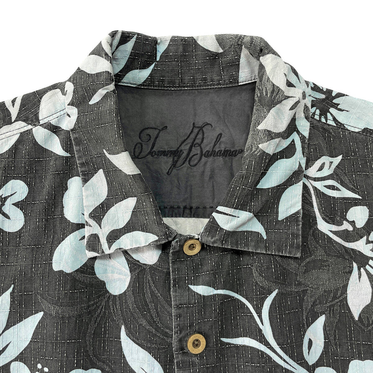 トミーバハマ シルク100% アロハ オープンカラーシャツ 虎 和柄 刺繍 黒L USA 古着 Tommy Bahama トミーバハマ シルク フロント合わせ アロハ