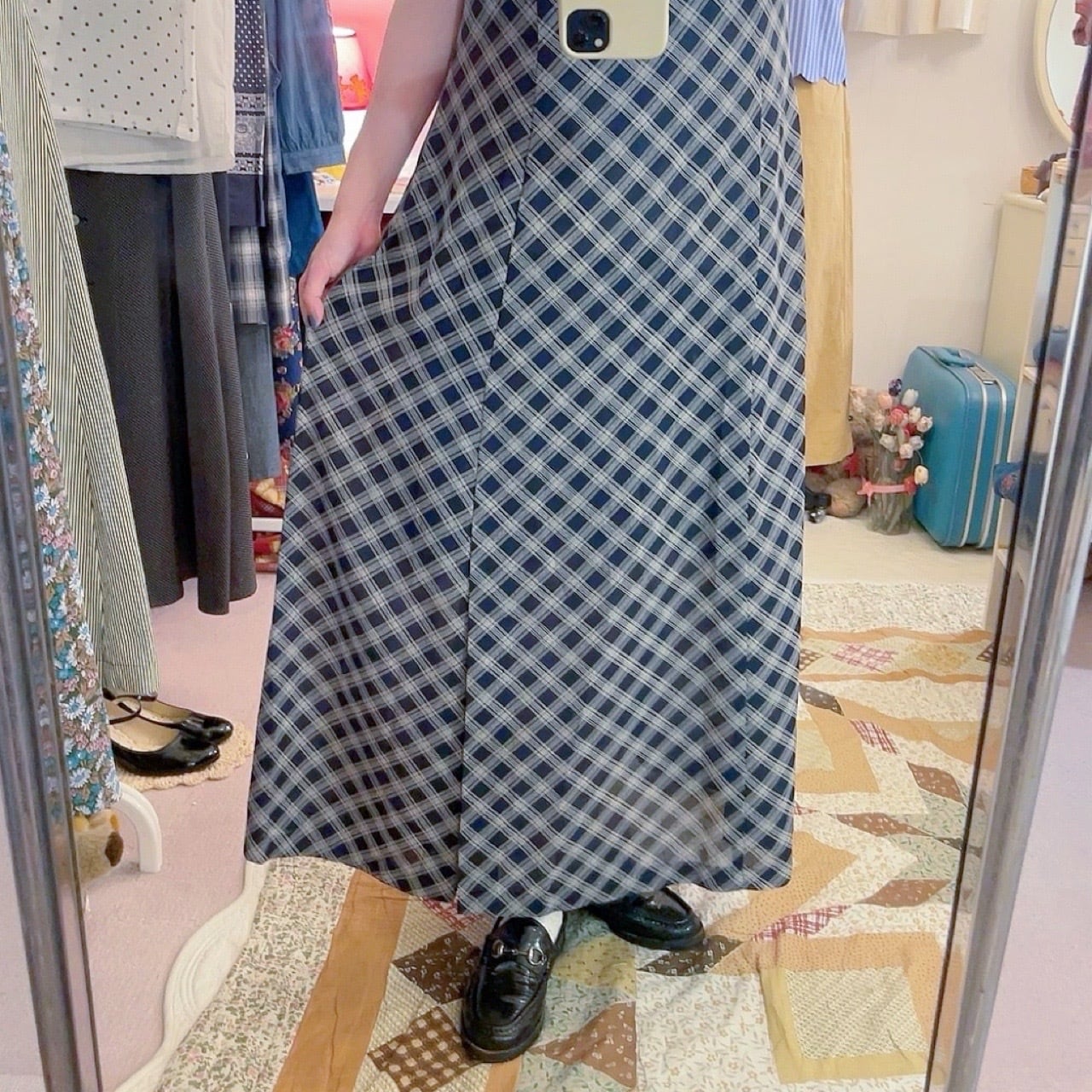 navy plaid sleeve less one-piece