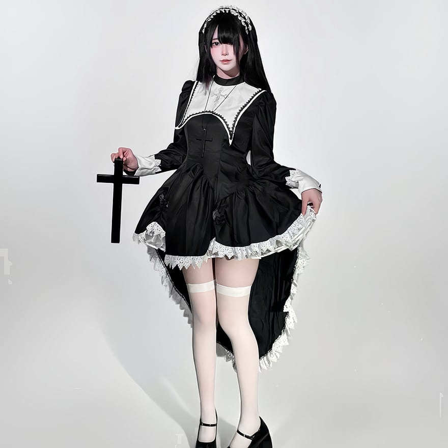 コスプレ イベント衣装 修道女コスチューム ゴスロリ 刺繍 クロス十字 コンカフェ衣装