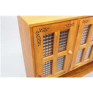 カウンター上収納 調味料入れ 幅68cm リーフ柄 ライトブラウン 上置き 引き戸 収納棚 両面開閉 木製 キッチン 台所 完成品