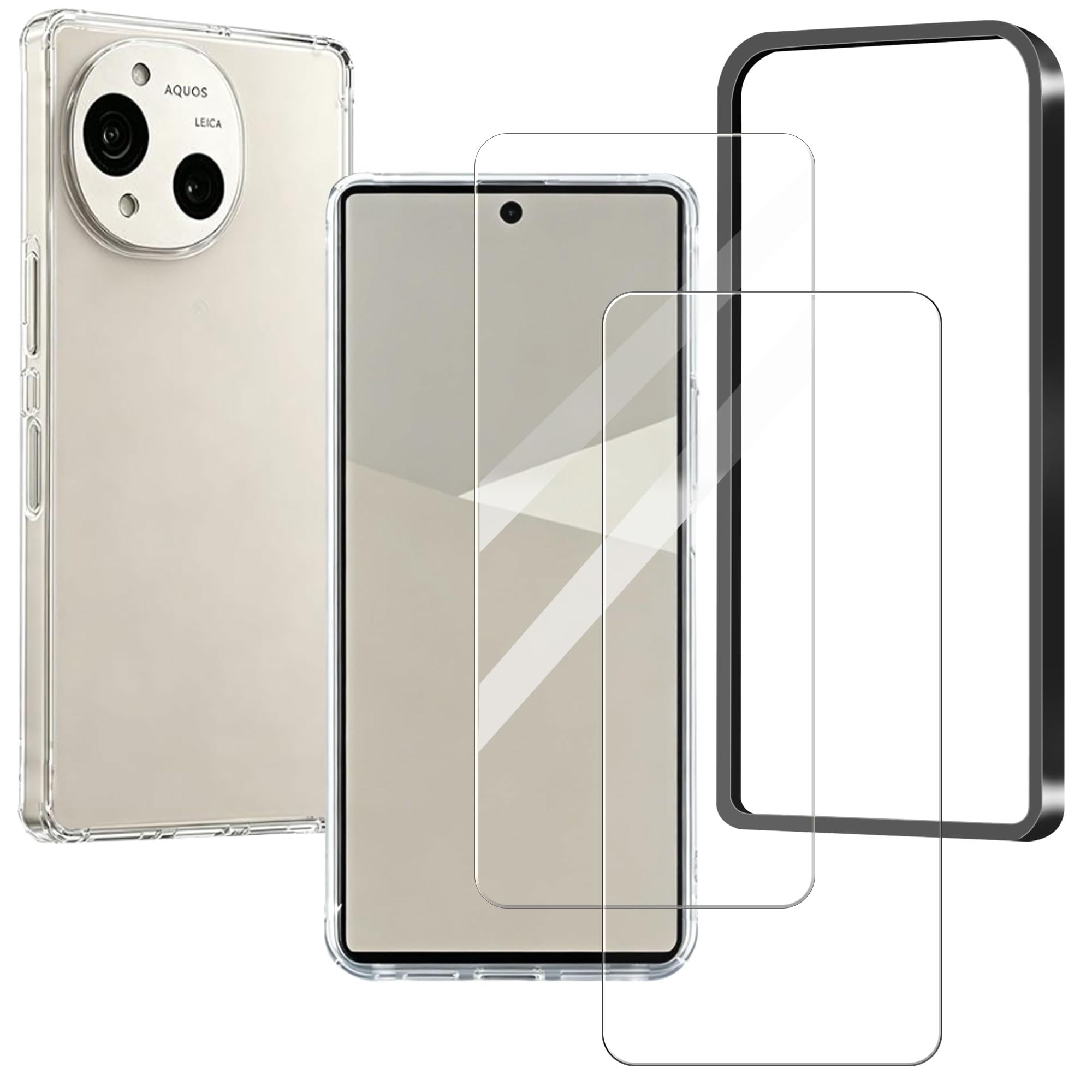houge 【 ケース + 2枚 ガラスフィルム 】Sharp Aquos R11 用の ケース カバー クリア ソフト バンパー シェル スマホケース + sharp aquos r11 用の フィルム 保護フィルム 液晶 強化 ガラス 硬度9H 貼り付け簡単 飛散防止 高透過率 保護ケース ソフトカバー背面 ンプロテクター 全面保護カバー 透明 耐衝撃