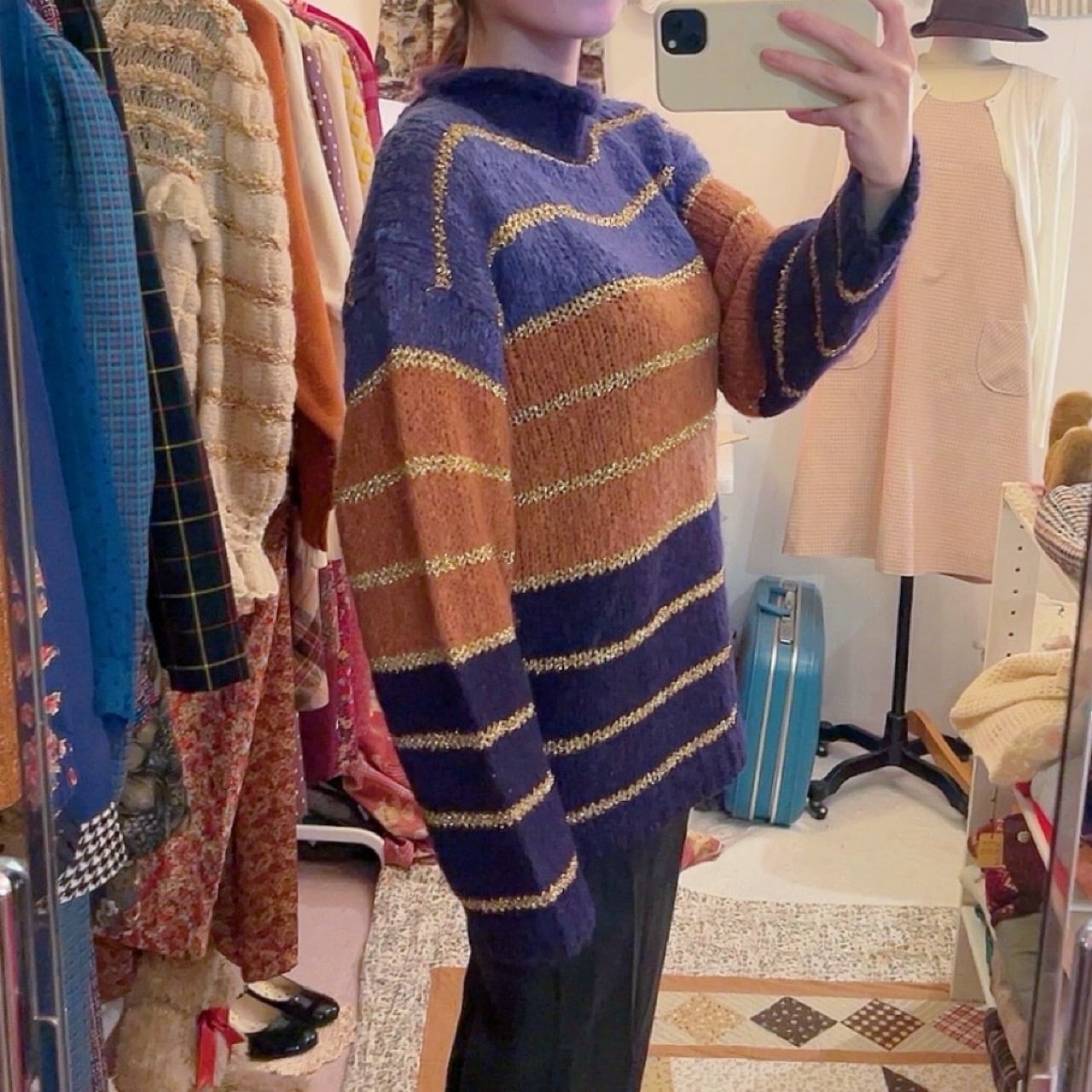 purple lame gold high necked sweater