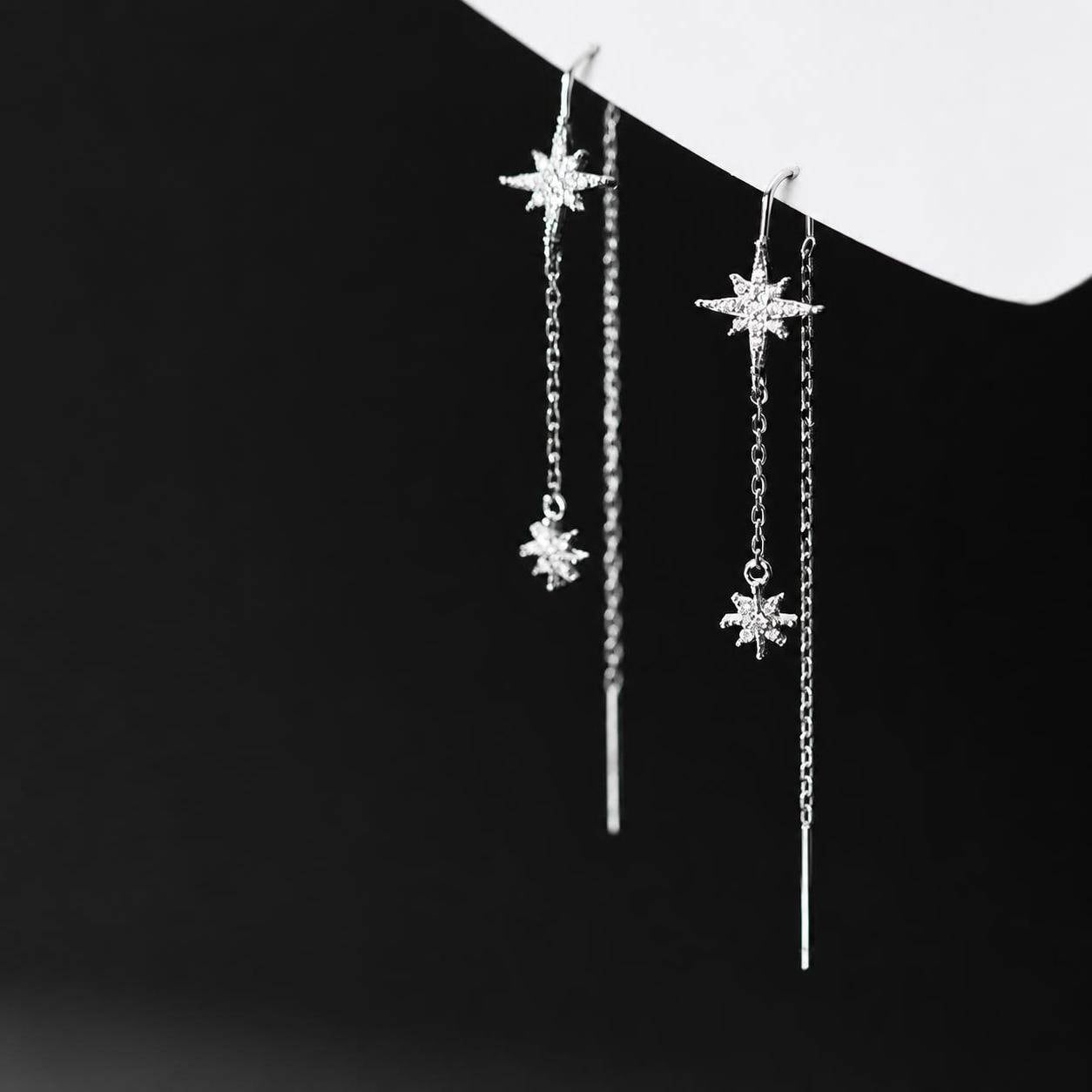 S925シルバー スターイヤーカーブ レディース 八芒星モチーフ ビジュー付き ロングタッセルチェーン シルバー 揺れるピアス 上品 パーティー プレゼント