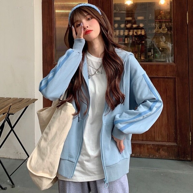 セーター スプリングオータムルーズ薄手ストライプジッパーフードカーディガン長袖スリーブトップス ロング 春物 秋物 YY-ファッション69550905914