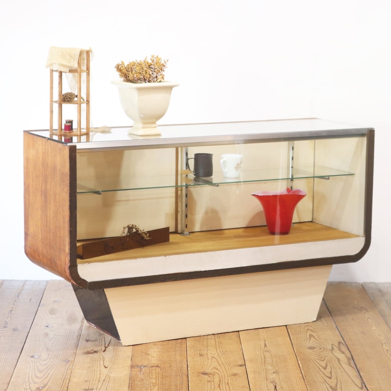 レトロ ガラスショーケース キャビネット ディスプレイ 展示棚 飾り棚 木製 店舗什器 ヴィンテージ/PKT12090