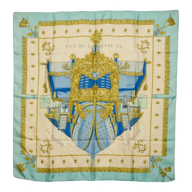 エルメス カレ90 VUE DU CARROSSE DE LA GALERE LA REALE クイーンの戴冠式 スカーフ ゴールド ベージュ シルク レディース HERMES 【中古】
