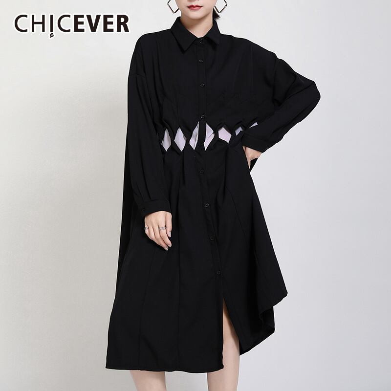 CHICEVER特大ドレス女性ラペル長袖パッチワーク中空アウトヴィンテージAラインミッドドレス服 ロング ビンテージ 6base556427835722