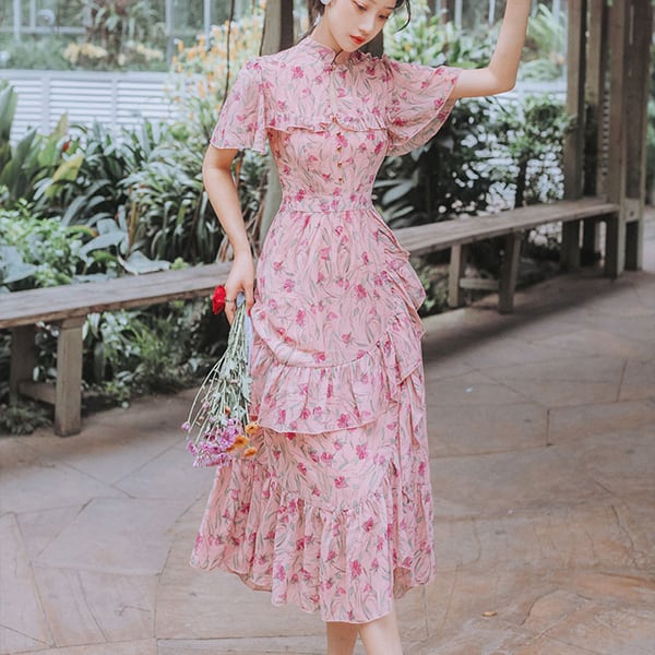 ロング丈ワンピース 半袖花柄 ピンク シフォン 不規則 普段着 デート