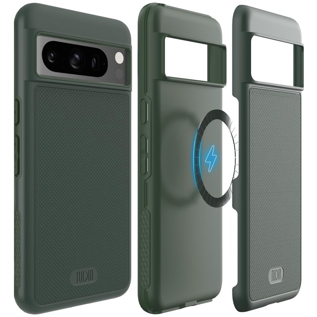 TUDIA「米軍規格・MagSafe対応」Pixel 8 Pro 用 ケース(2023)、「MergeGrip」耐衝撃 すり傷防止 薄型 二重層 滑り止め【内蔵マグネット】磁気性携帯電話カバーバンパーGoogle Pixel 8 Pro 対応 - パイングリーン