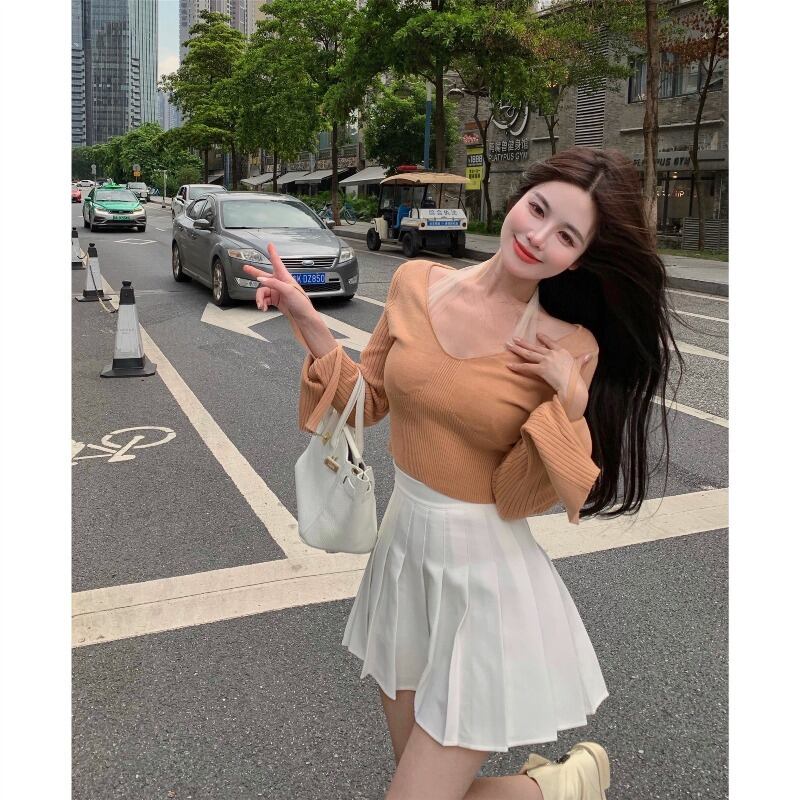 ニットセーター レディースオータムメッシュVネックショートスリムプルオーバー トップス ロング 秋物 ブラックストロベリース66951387935