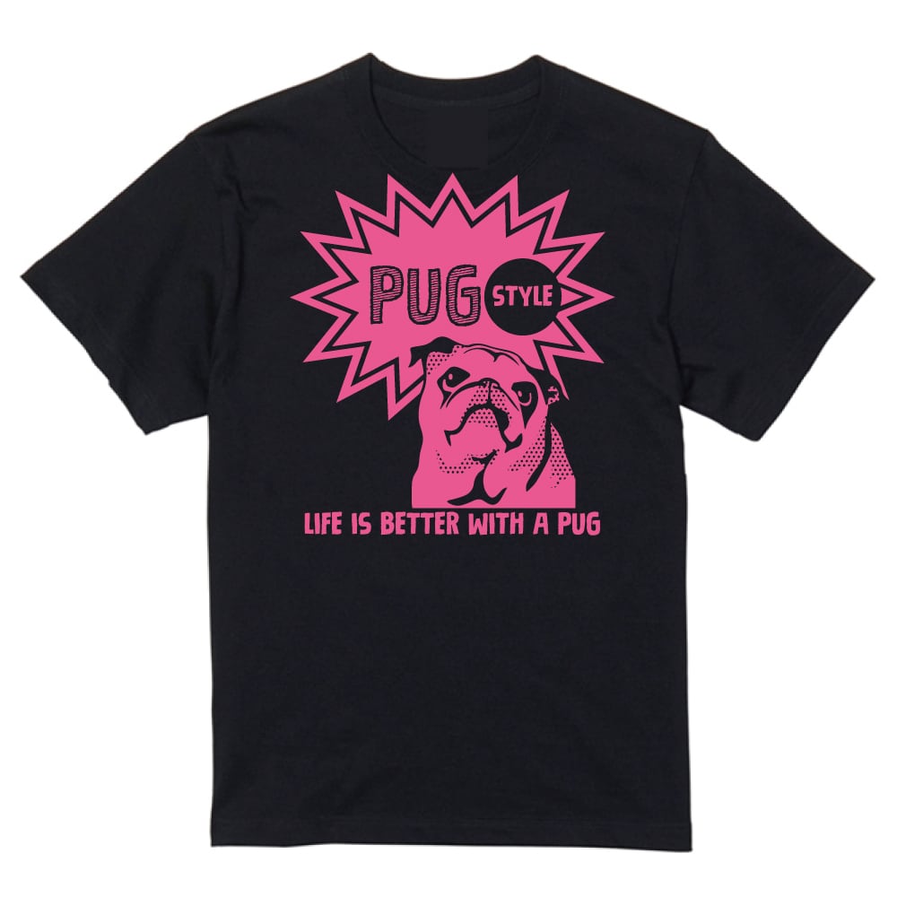 アメコミ風パグTシャツ【ブラック／ピンク】