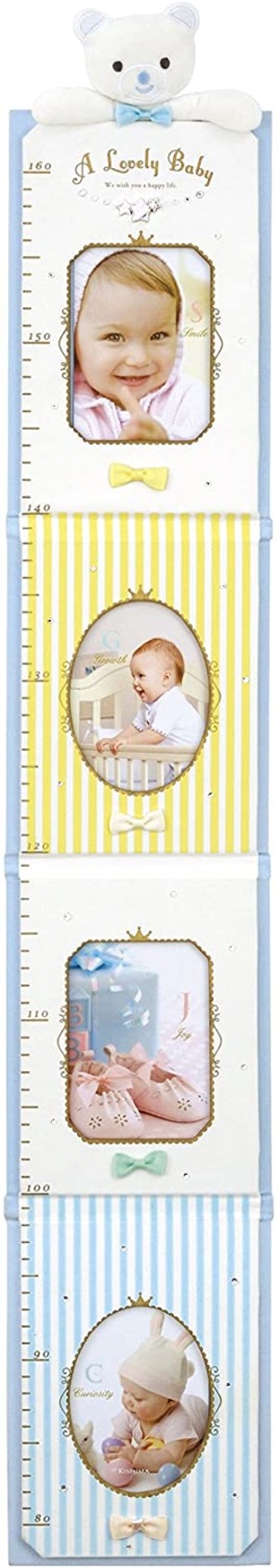 子供部屋に最適な写真を飾る 身長計 ベビー フォトフレーム 壁掛 ブルー クマ 本体サイズ15.5×1×高さ91.5cm サービス4枚 身長をマークできる木馬型のマグネット付き エンヴェールヘルック(R)