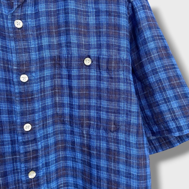 ORVIS チェック柄リネン半袖シャツ　インディゴブルー　M オービス