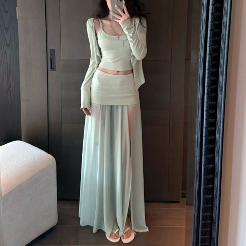 【4点セット】2色／カーデ＋キャミ＋ミニスカート＋スリットシアースカート ・10555