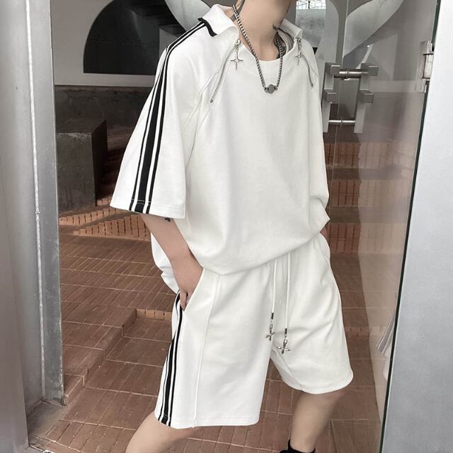 【予約販売】メンズ セットアップ 上下 バイカラー ライン 半袖 ハーフパンツ ストリート ブラック ホワイト 韓国 ジム スポーツウエア カジュアル 春 夏 大きいサイズ M/L/XL