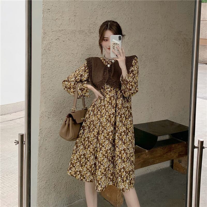 レトロフローラルランタンスリーブ長袖ドレス女性2020秋新ミドルウエストウエストフレンチニッチスカート ブラックストロベリース25917651174