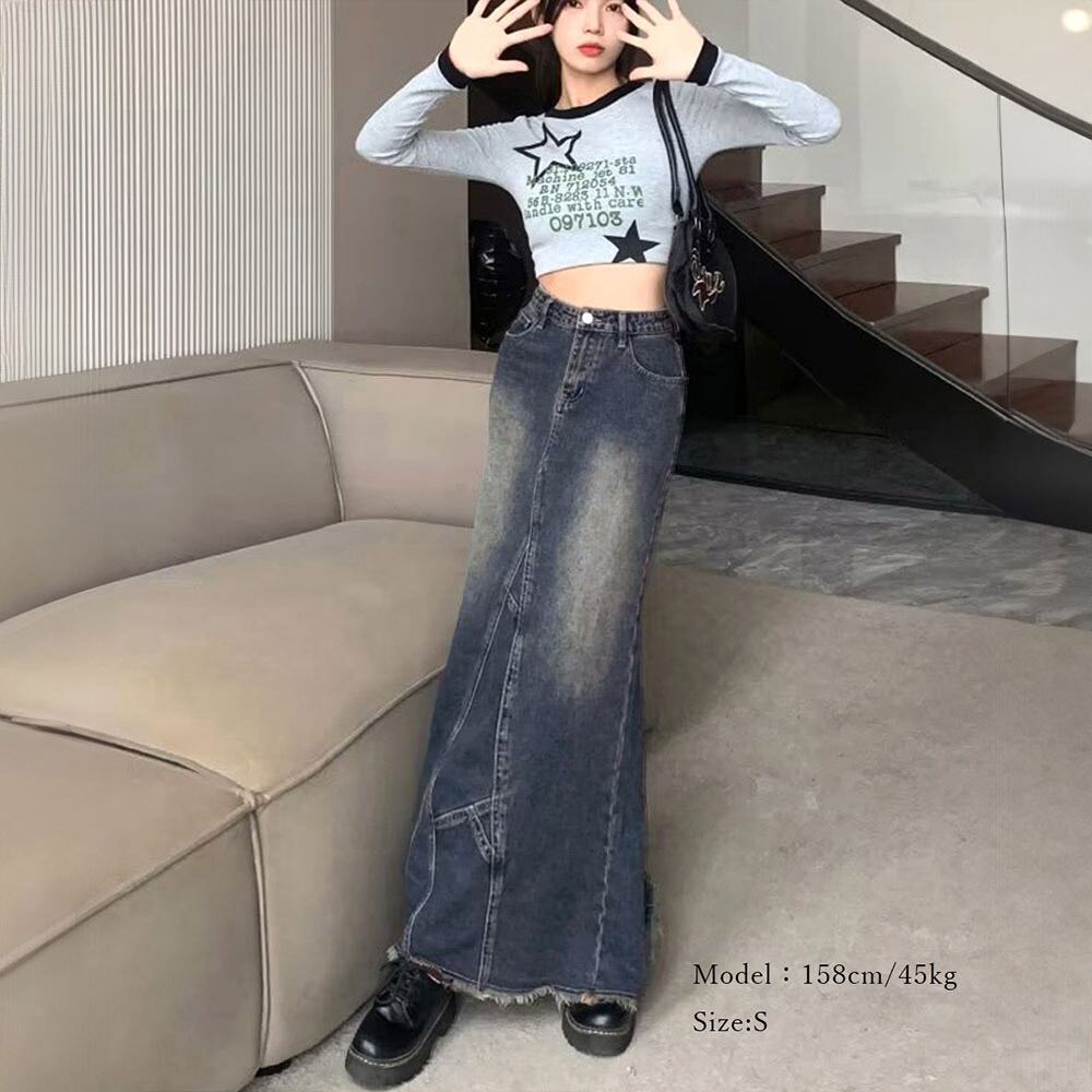 デニム スカート ロング レディース 韓国 マーメイドスカート ブリーチ加工 おしゃれ きれいめ 大人 カジュアル ハイウエスト ヴィンテージ レトロ 美ライン ロングスカート 大人可愛い 大人女子