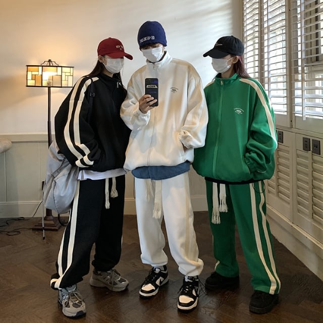 【予約販売】メンズ セットアップ 無地 シンプル ジャージ ライン 2本線 ブラック/グリーン/ホワイト スエット カジュアル パンツ セット ジャージ ジム スポーティー ダンス ジム 韓国 トレンド 大きいサイズ S/M/L/XL/2XL/3XL