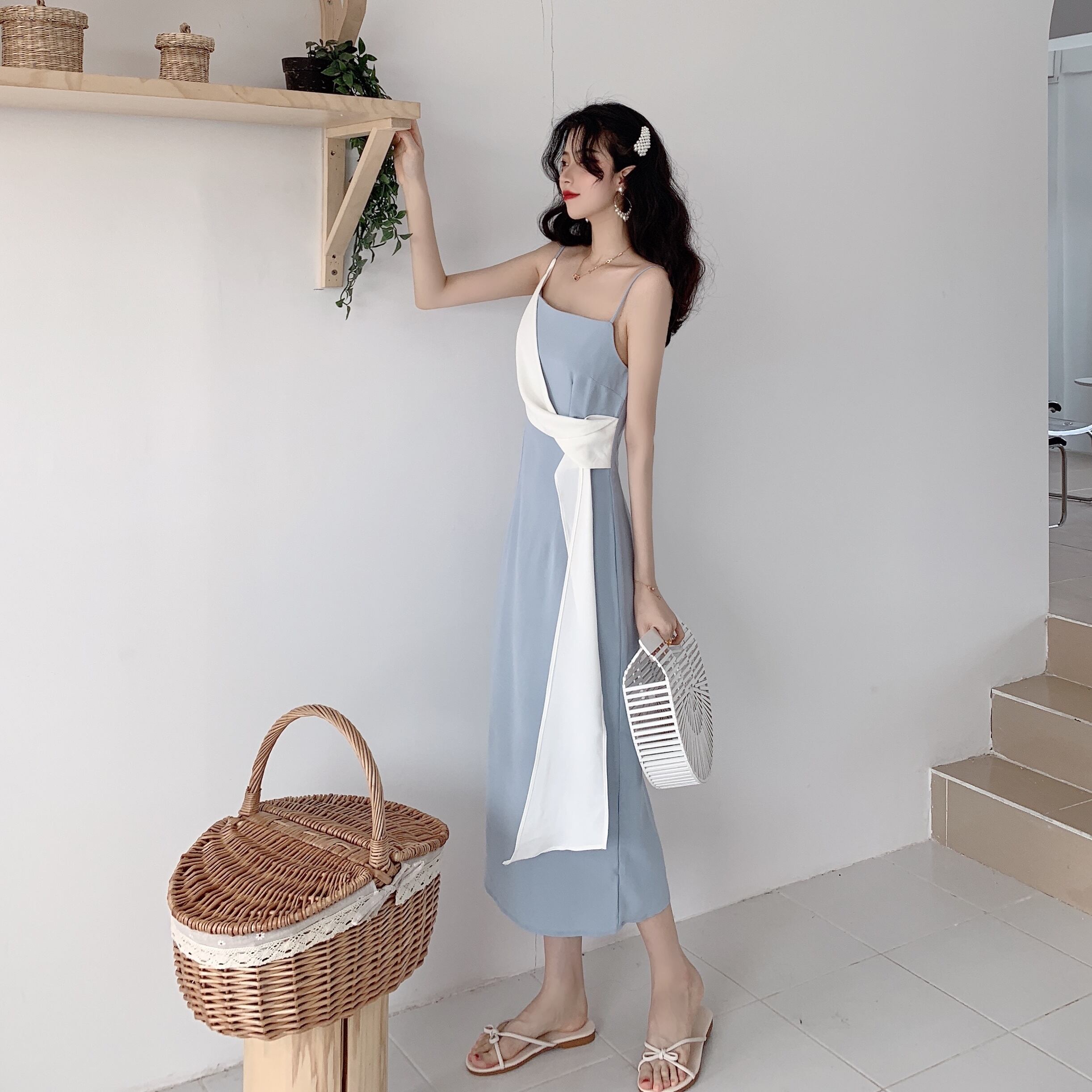 ワンピース エレガント カジュアル 女性らしい ノースリーブ 結婚式 パーティー デート 披露宴 ブルー S M L Ll Dresszone