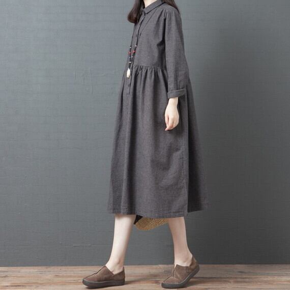 春新作ワンピース 襟付きワンピース 長袖ワンピース大きいサイズ Aライン ワンピース 膝丈 膝下 体型カバー ワンピース ゆったりワンピース 大人カジュアル 大人女子ファッション 代 30代 40代 ブラック P6516 Kirari きらり