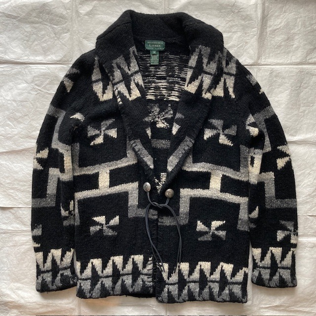 Ralph Lauren ラルフローレン ハンドニットカーディガン 90s 風車柄 ネイティブ柄 コンチョ ブラック ヴィンテージ古着 M