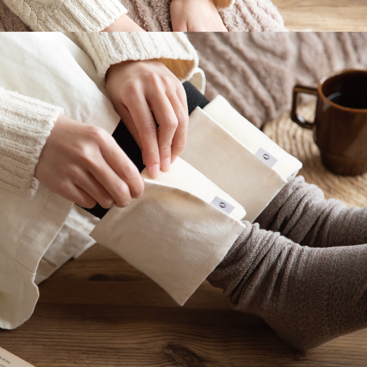 再販《足用２個セット》米ぬか・玄米カイロ　クリーム　マジックテープタイプ　下半身の冷え、むくみに