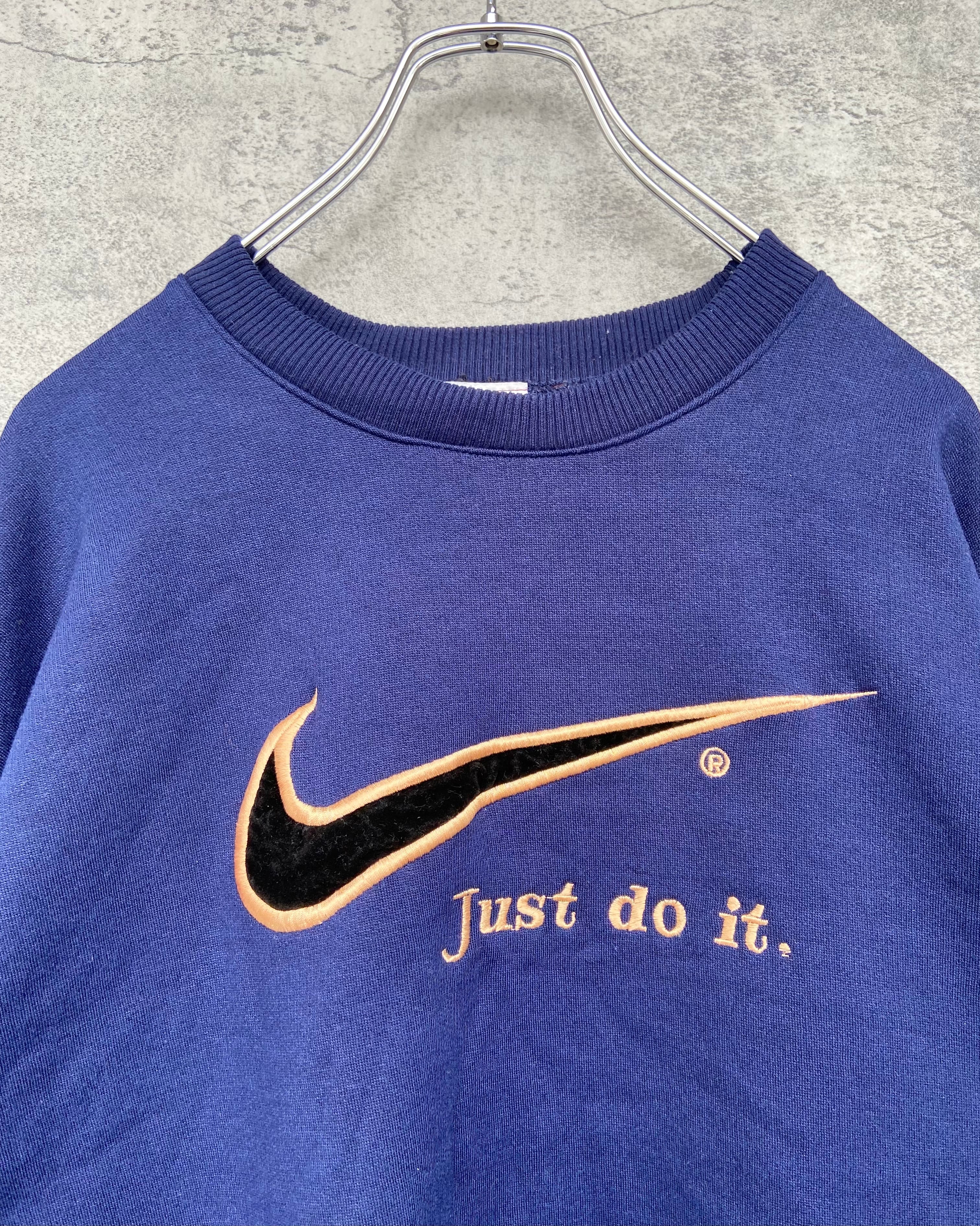 90s NIKE ナイキ 刺繍 スウォッシュロゴ スウェット 紺 トレーナー ...