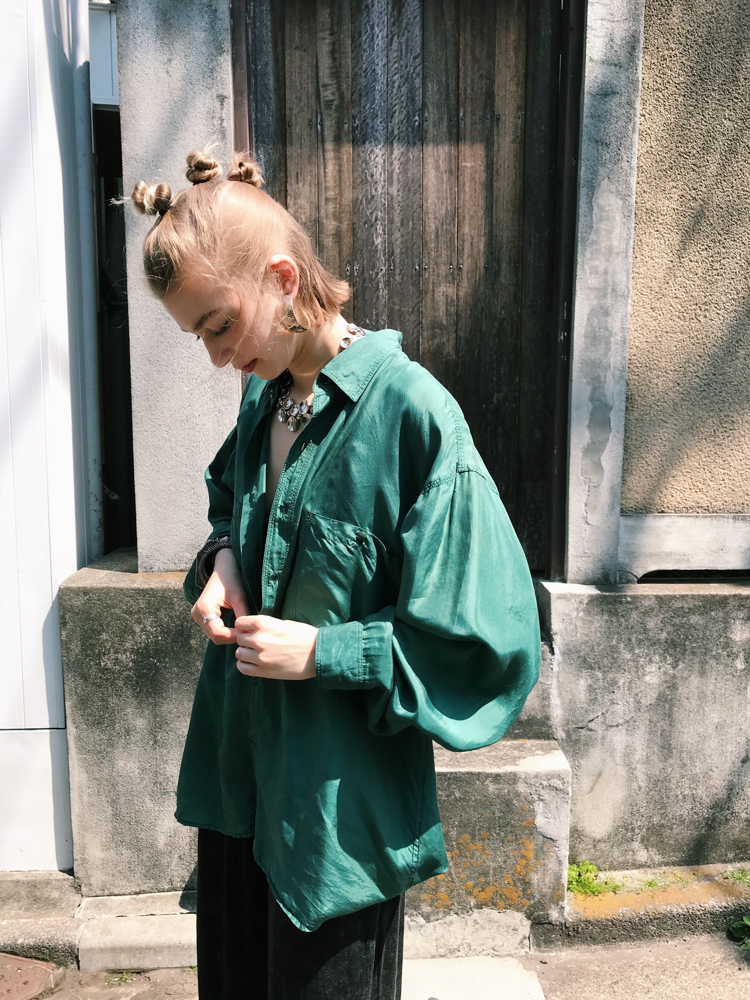 80s green big silk shirt ( ヴィンテージ グリーン ビッグ シルク