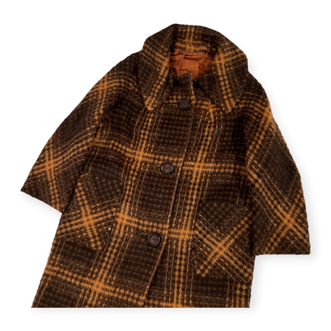 希少 レア LUXURY llama ラグジュアリー ラマ100% London Maid ロンドンメイド チェック柄 毛皮 ファー オーバー コート /ビンテージ/オレンジブラウン系
