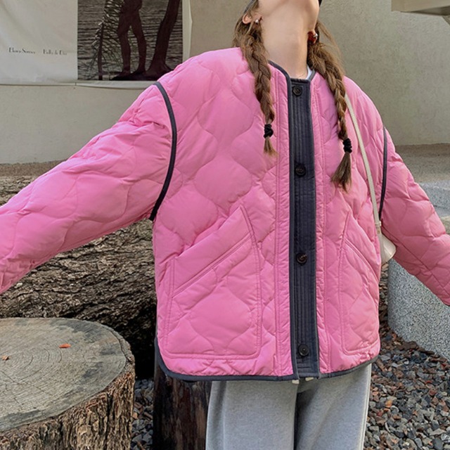 Contrast-Piping Onion-Quilted Collarless Jacket　S0333