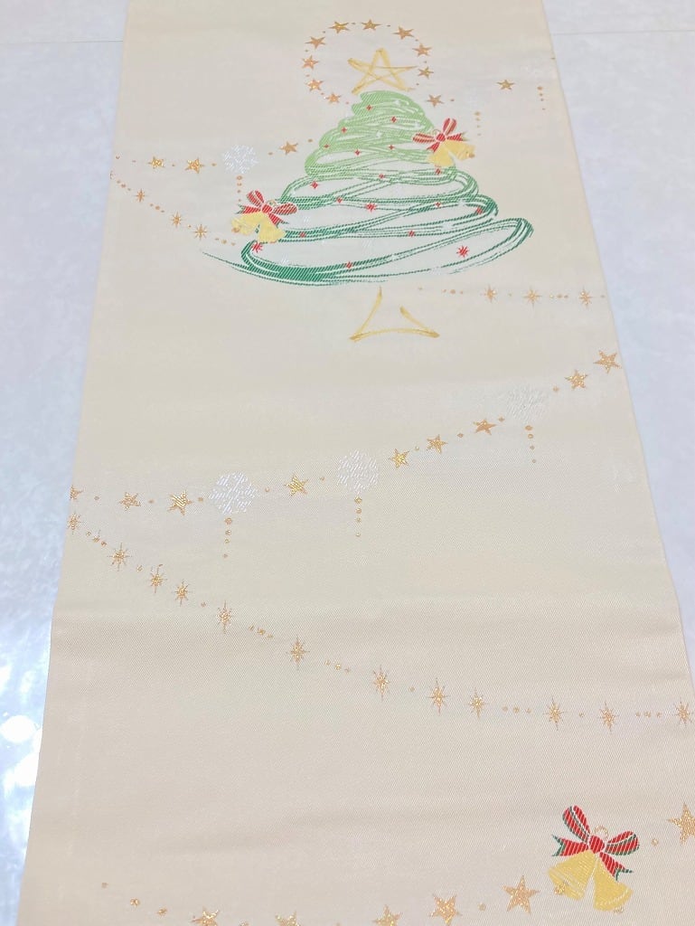 西陣織 未使用 名古屋帯 クリスマス Xmas 絹 金糸 白 赤 緑 アイボリー