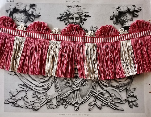 フランス 50x11c リネン 薄曇りの木苺とフリンジブレード ヴィンテージ