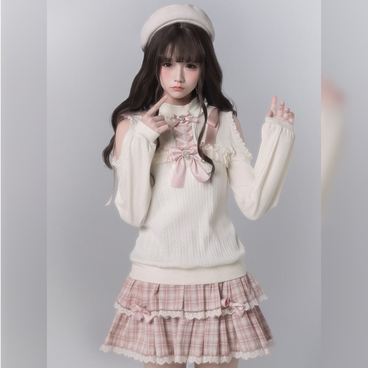 編み上げリボンニットさくらチェックのティアードフリルセット