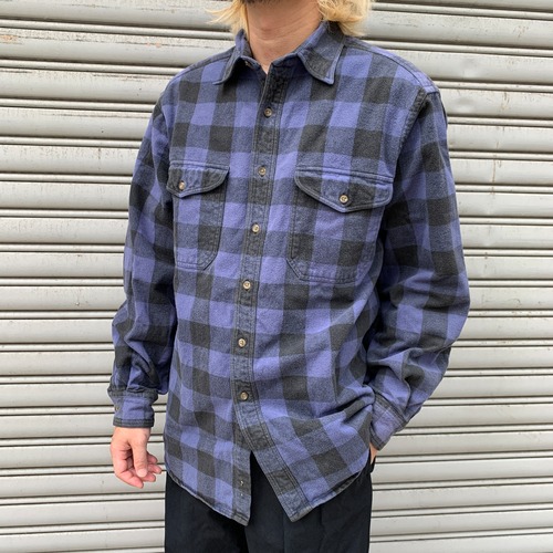 00s ランズエンド　ブロックチェック柄ネルシャツ　コットンネル　青　黒　M