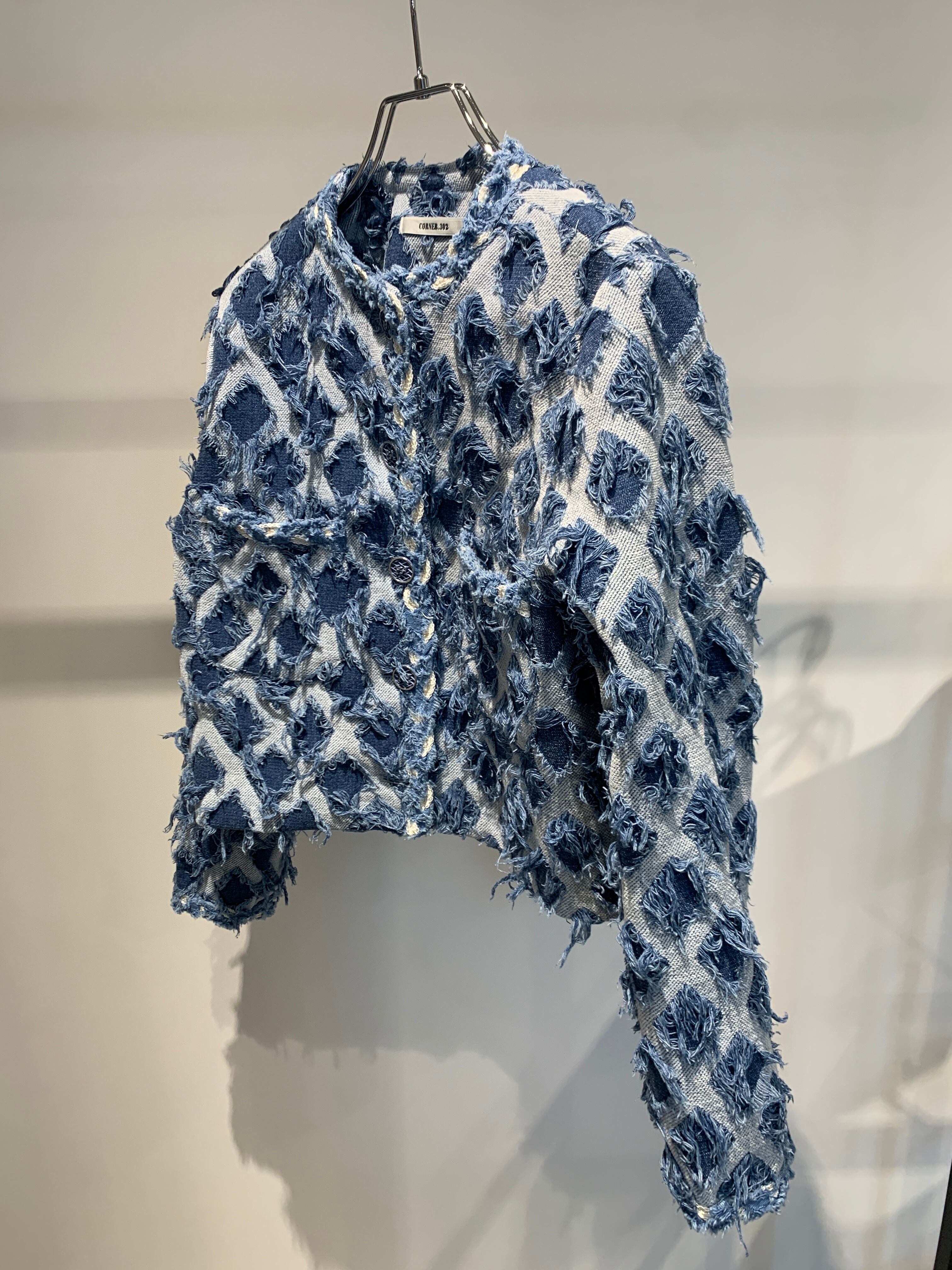 diamond pattern lace trim denim jacket