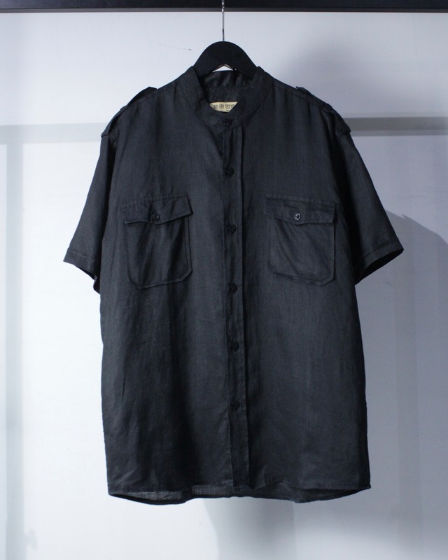 【Caka BLACK】Epaulet Design Vintage Band Collar Linen Shirt