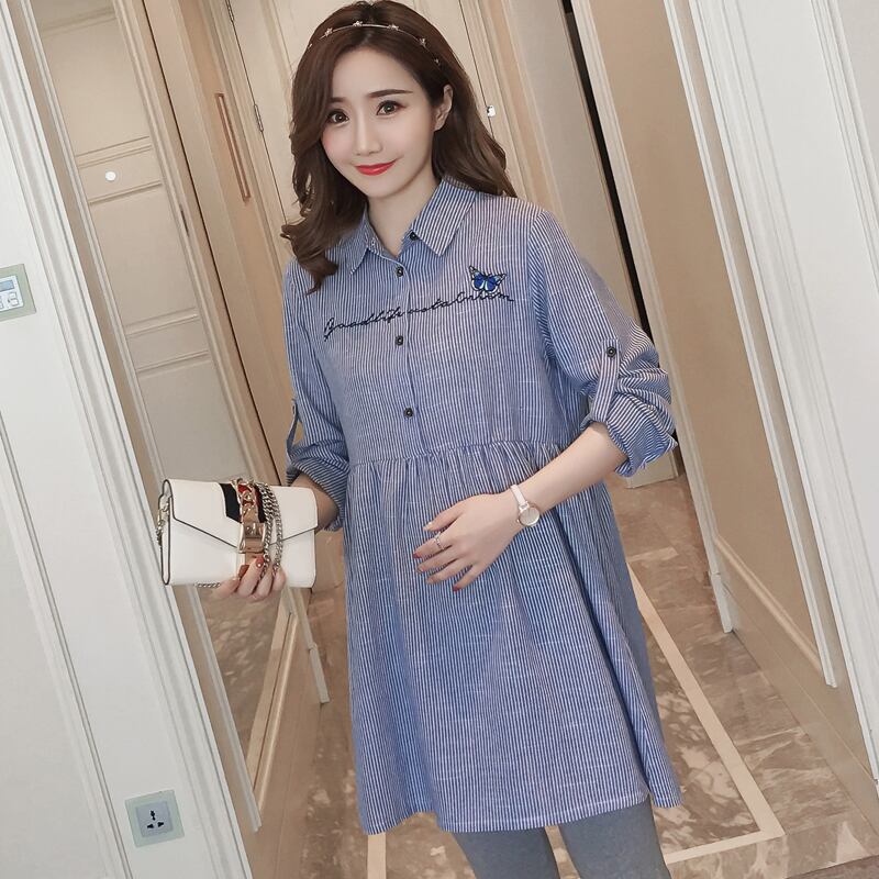 【新作】【送料無料】 2823＃ストライプコットンマタニティブラウス2018春Aラインゆったりとした服妊娠中の女性妊娠中のシャツトップス スプリング 春物 AL expec389319320481