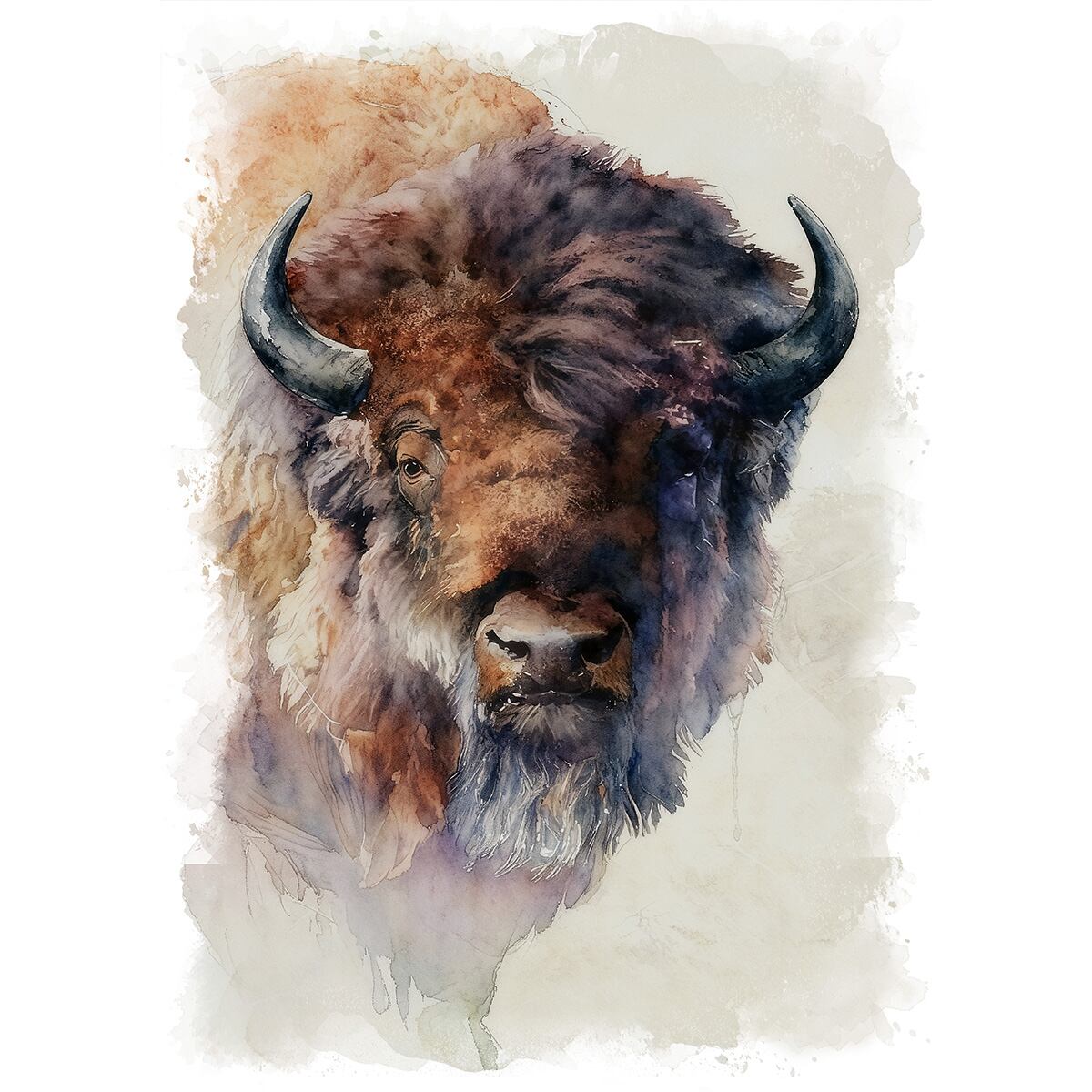 絵画 動物 アメリカバイソン インテリアアート額付き 水彩画・油絵調 WAT0641