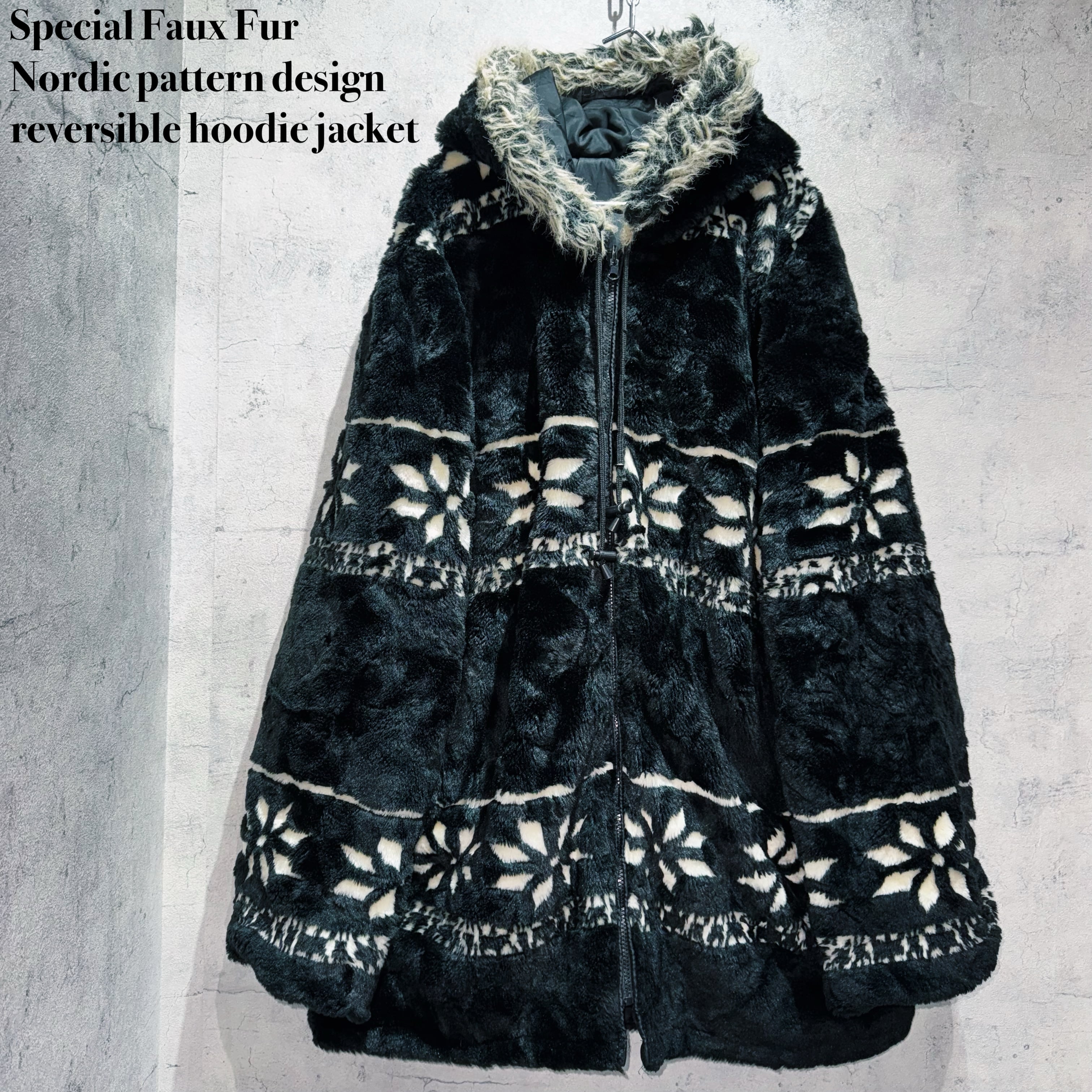 Special Faux Fur Nordic pattern design reversible hoodie jacket
