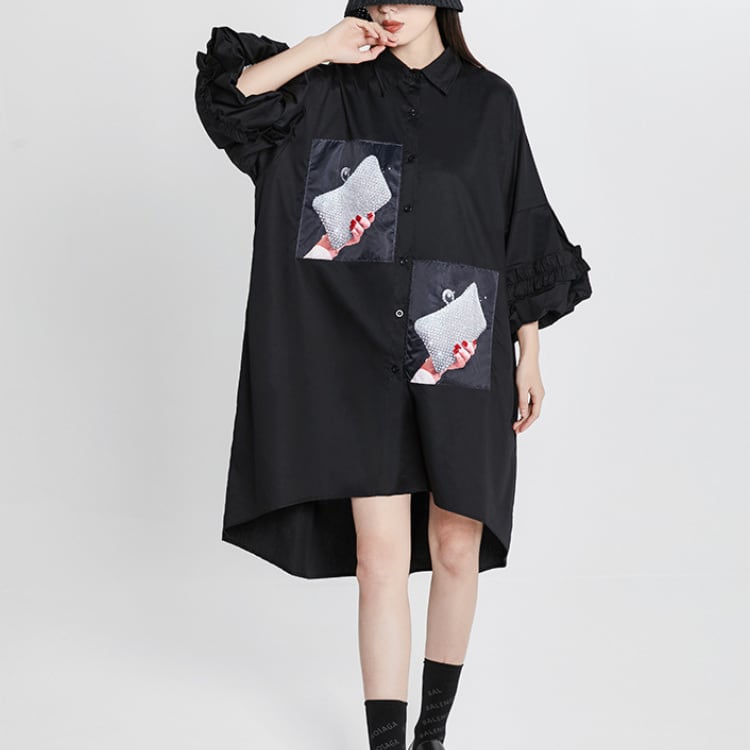 ヨーロッパ風ビジュー貼り布シャツワンピース 七分袖 バルーンスリーブ R30014