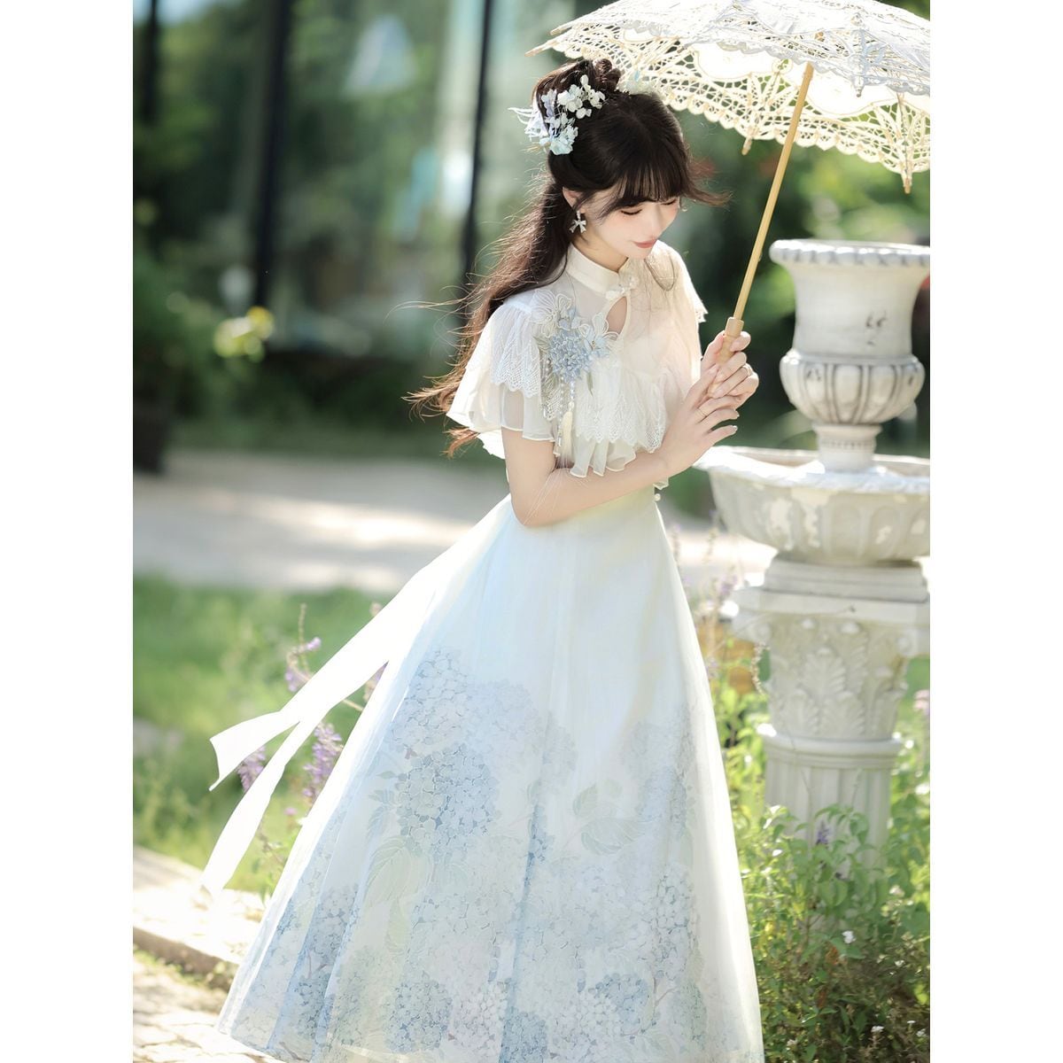 ホワイト ロングドレス フリル付き 月白紫陽花フリルロングドレス | Maiden's Rêve