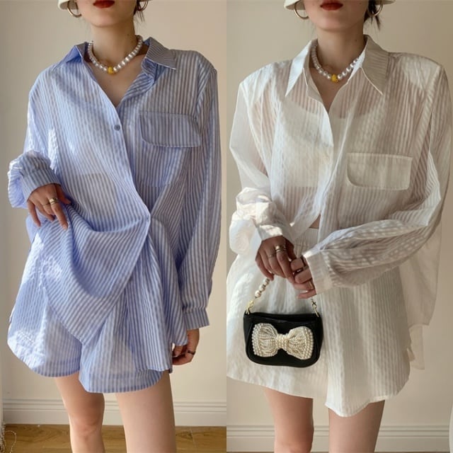 【予約販売】セットアップ シャツ ショートパンツ ブルー ホワイト シアー ストライプ柄 透け感 上下 レディース 半袖 オーバーサイズ 前ボタン オフィス カジュアル 体型カバー こなれ感 大人可愛い シンプル おしゃれ 韓国 旅行 バカンス 春 夏 トレンド S/M/L/XL