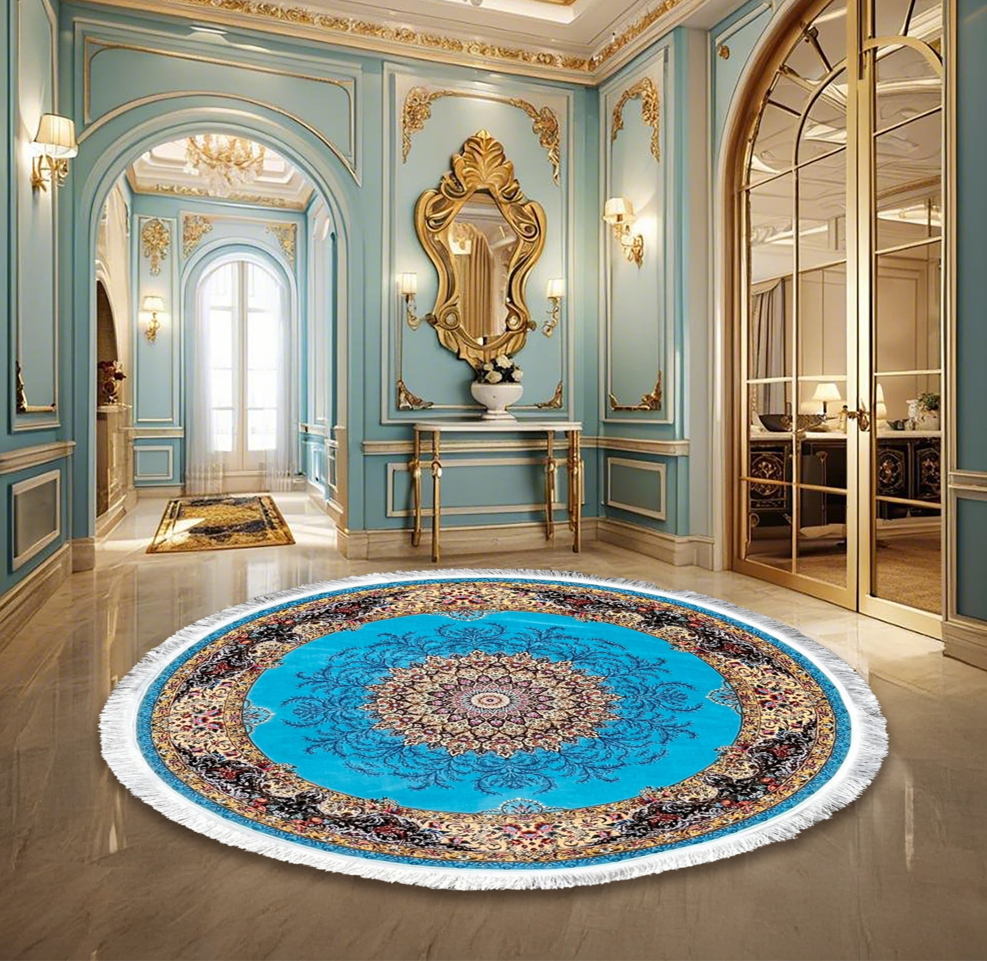 円形高級絨毯【 円形1.5m】バンブーシルク ラグ 花柄 動物柄