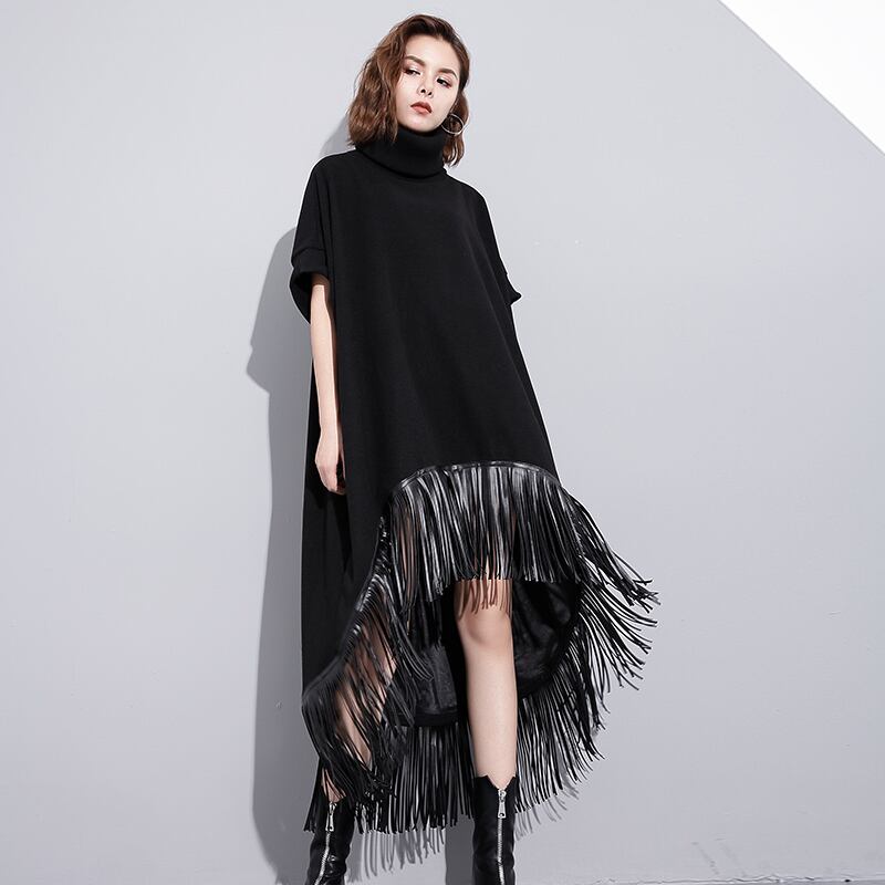 X秋の婦人服2020新しい流行のビッグサイズファットmmウエスタンスタイルハイネックルーズ半袖不規則なフリンジドレス ラブタオタオダレンハウス56843567655