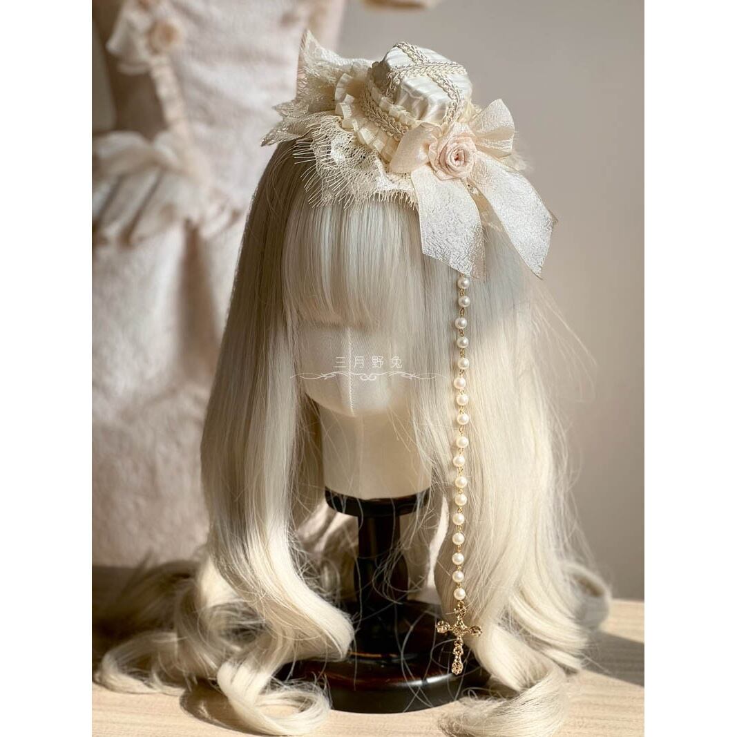〔アクセサリー〕薔薇リボン付き レースミニボンネット ヘッドドレス